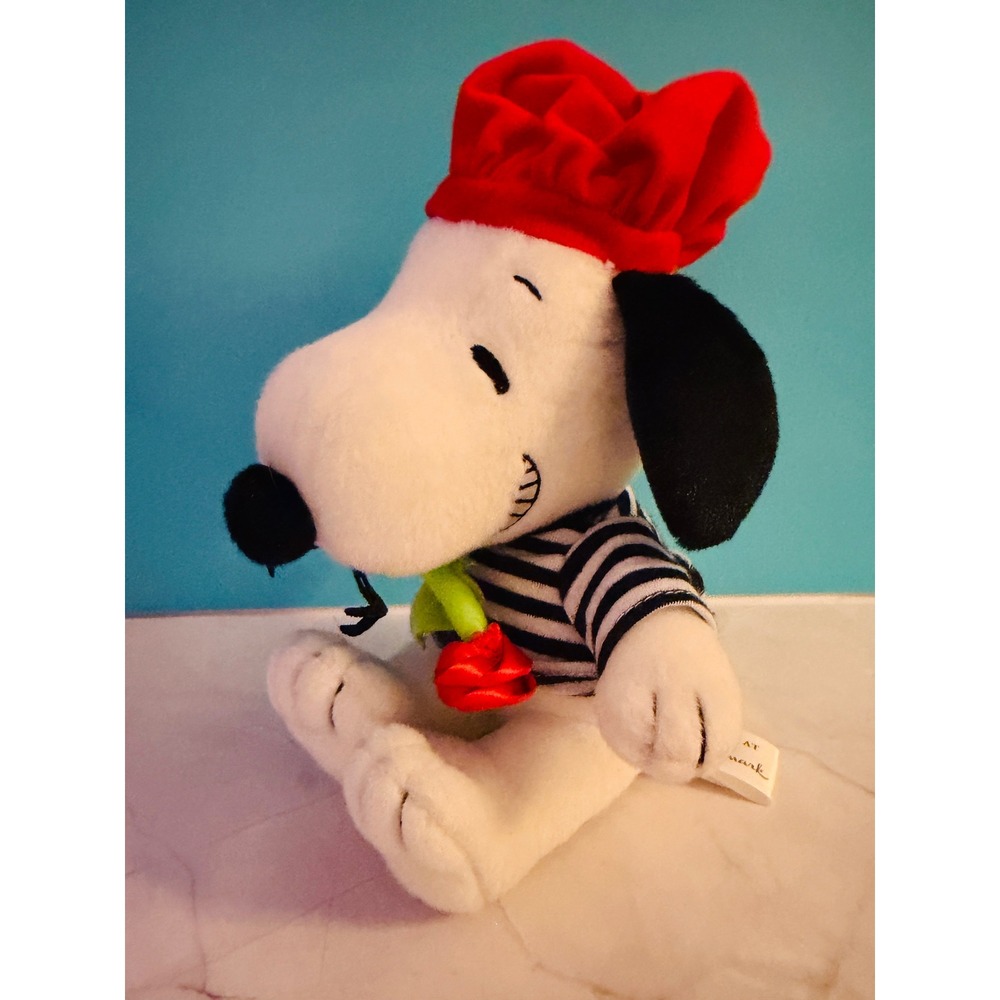 Hallmark Snoopy Plush 7in White French Parisian Beret Rose Striped Shirt VTD5012
